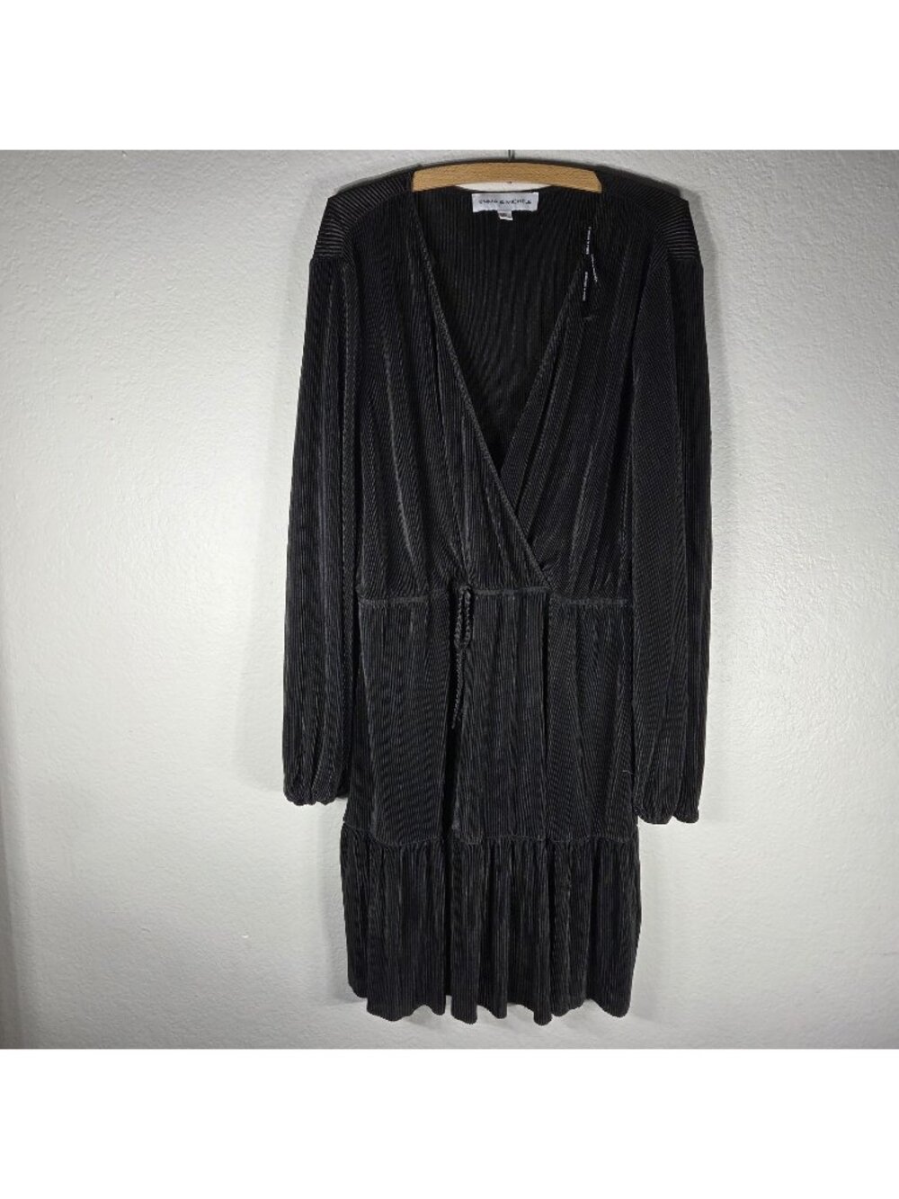 Emma & Michelle Micro Pleated Midi Dress Womens XL Black Long Sleeves